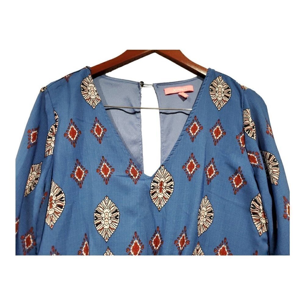 Xteran Women's 3/4 Roll Sleeve Blue Paisley Romper V-Neck Keyhole Back Sz L - Picture 5 of 12